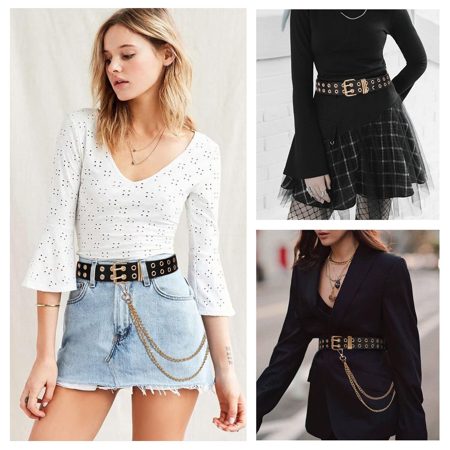 FIORETTO Double Grommet Leather Belt with Detachable Chain Women Men Punk Rock Waist Belts for Jeans Pants Double Holes (with Gold Chain)