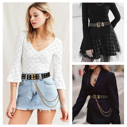 FIORETTO Double Grommet Leather Belt with Detachable Chain Women Men Punk Rock Waist Belts for Jeans Pants Double Holes (with Gold Chain)