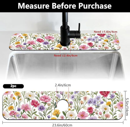 2 Pcs Kitchen Sink Splash Guard Faucet Mats Colorful Watercolor Flowers and
