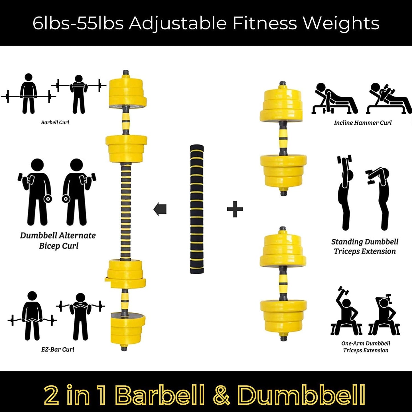 FUXION Adjustable Dumbbell Barbell, 22/44/66 lbs 3-in-1 Sets, Non-Slip Neoprene Hand Weights for Home Gym Yoga Pilates Workout
