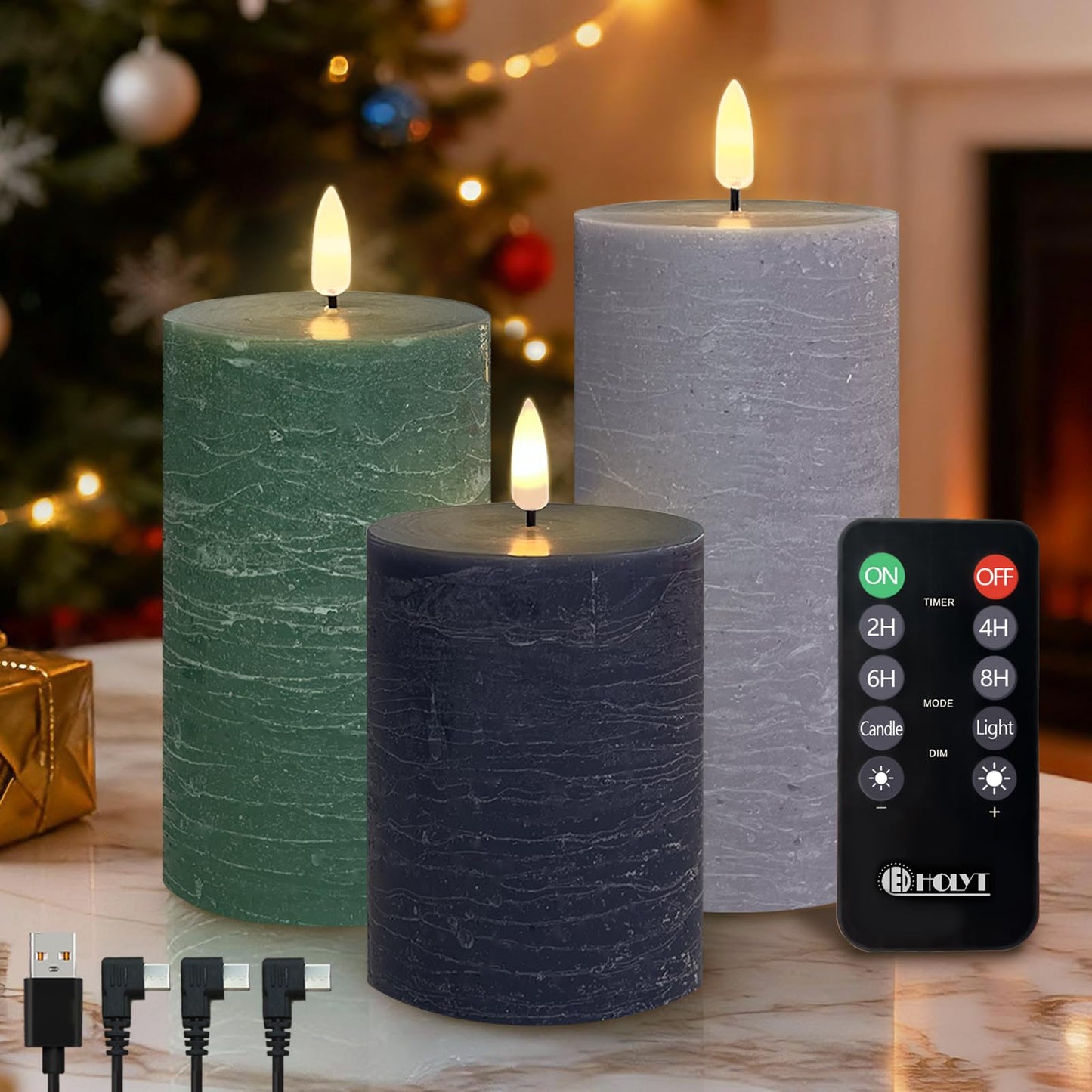 LEDHOLYT Rechargeable Flameless LED Pillar Candles–Luminous Real Wax Indoor Home Decor–Set of 3, Realistic Flickering LED Flame,Remote & Timer, USB-Rechargeable（Verdant & Ash Tones）