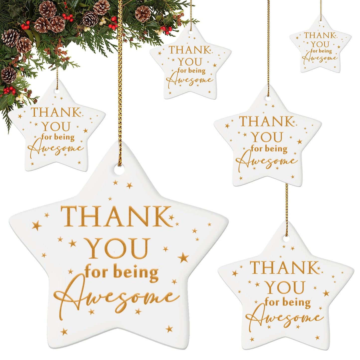 Sieral 6 Pcs Thank You Ornaments Bulk Christmas Office Gifts for Coworker Employee Star Ceramic Double Sided Thank You for Being Awesome Xmas Decor Inspirational Gift Teacher Nurse Team Customers