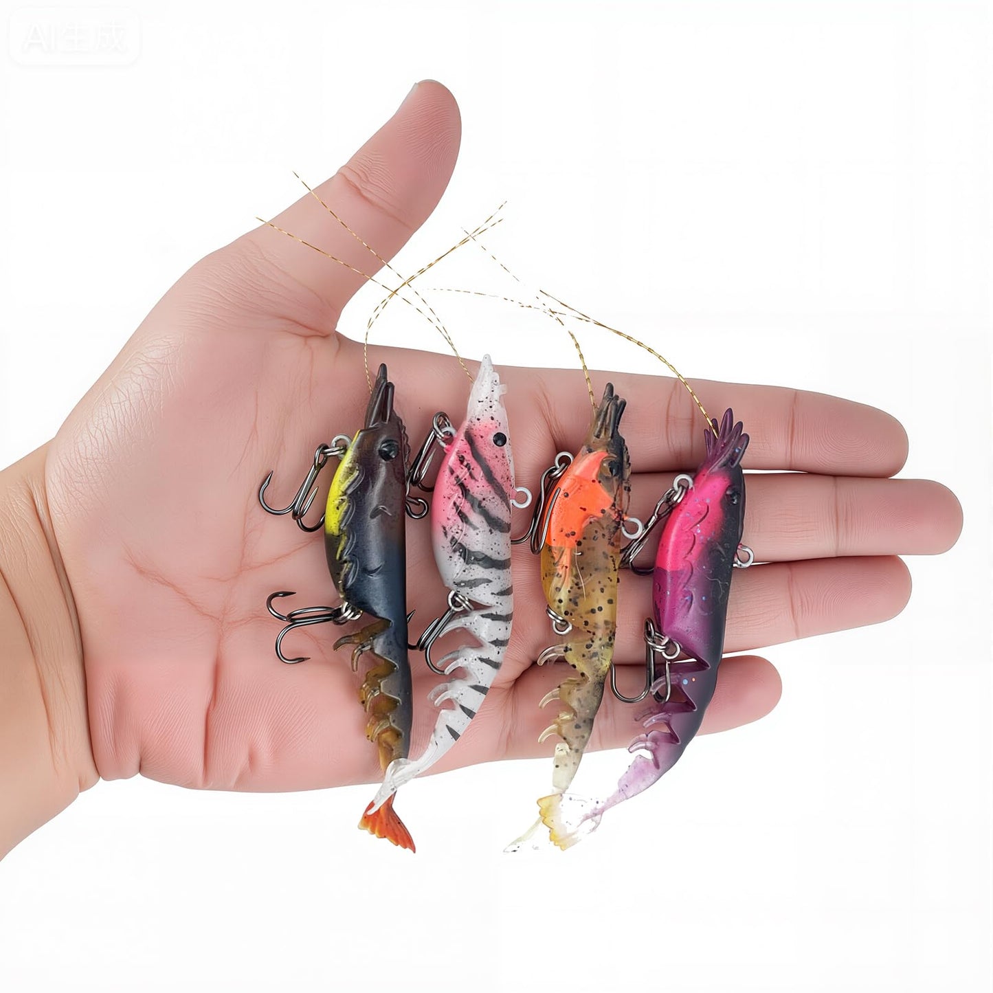 AQUAVEXIS 4pcs Fishing Lures Shrimps baits Pre-Rigged Fish Jigs - Soft Lure Bass Trout Lifelike Shrimp Crayfish Swimbait