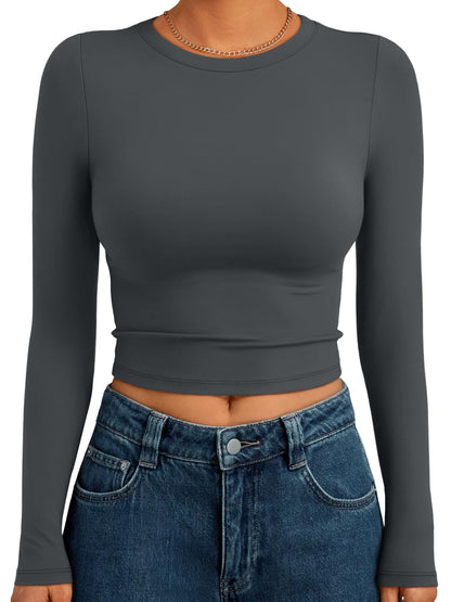 Trendy Queen Womens Long Sleeve Crop Tops Basic Slim Fitted Shirts Fashion 2025 Going Out Y2k Tops Teen Girl Clothes