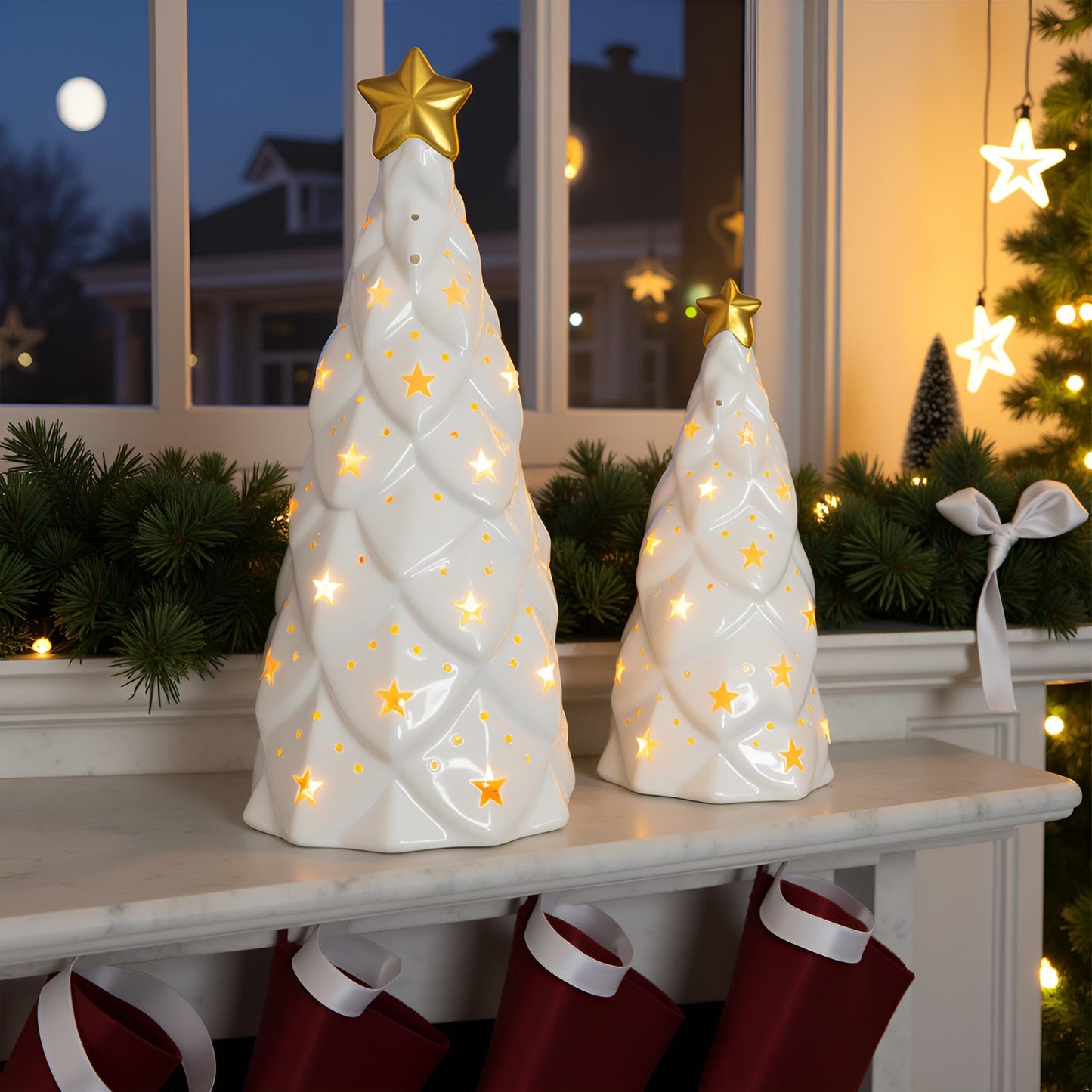 DN DECONATION Ceramic Christmas Trees Light Up White, 2Pcs Christmas Tree Lighted, Xmas Small Tree with Lights, Christmas Tree Figurines for Tabletop Fireplace Home Centerpieces Decoration