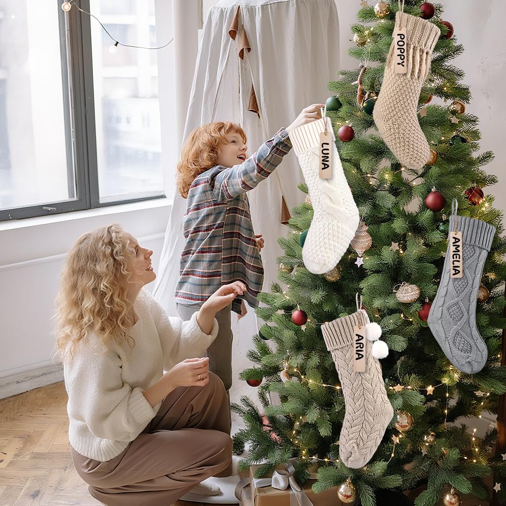 Teeanzo 4Pack 18 Inches Christmas Knitted Hanging Stockings,Xmas Large Farmhouse Rustic Neutral Cable Knit Personal Stockings Decorations for Christmas Tree Fireplace Family Holiday Party Decor