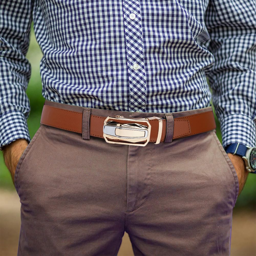 DOOPAI Men's Adjustable Ratchet Belt -Tan Leather Dress Belt for Men, Customizable Fit, Easy to Use, Maximum Durability