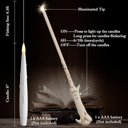 JOIONE Floating Candles with Wand, 12 Pack Hanging Candles with Magic Wand Remote, Battery Powered Floating Candles with Wand, Flameless Magic Hanging Taper Candles for Xmas Halloween Decor, White