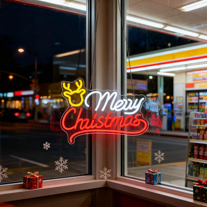 Mvorixa Merry Christmas Neon Sign, Reindeer Neon Sign – LED Light Up Christmas Sign, Home Living Room Wall Decor, Xmas Neon Signs, 15.91x11.85in, USB Powered, Adjustable Brightness