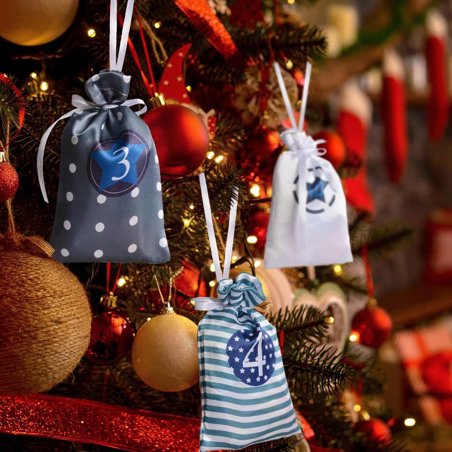 24 Pcs Christmas Drawstring Gift Wrap Bags Reusable Advent Calendar Bags Cute Xmas Candy Toys Goody Treat Bag Pocket for Holiday Weedings Birthdays Party Favor Home Storage Gift Bag