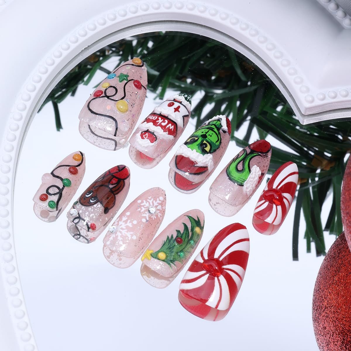 30Pcs Christmas Press on Nails Medium Almond Fake Nails 3D Rhinestones Xmas Tree Lamp Strip Design Handmade False Nails Cute Monster Acrylic Nail Snowflake Gems Glue on Nails for Women Winter Manicure
