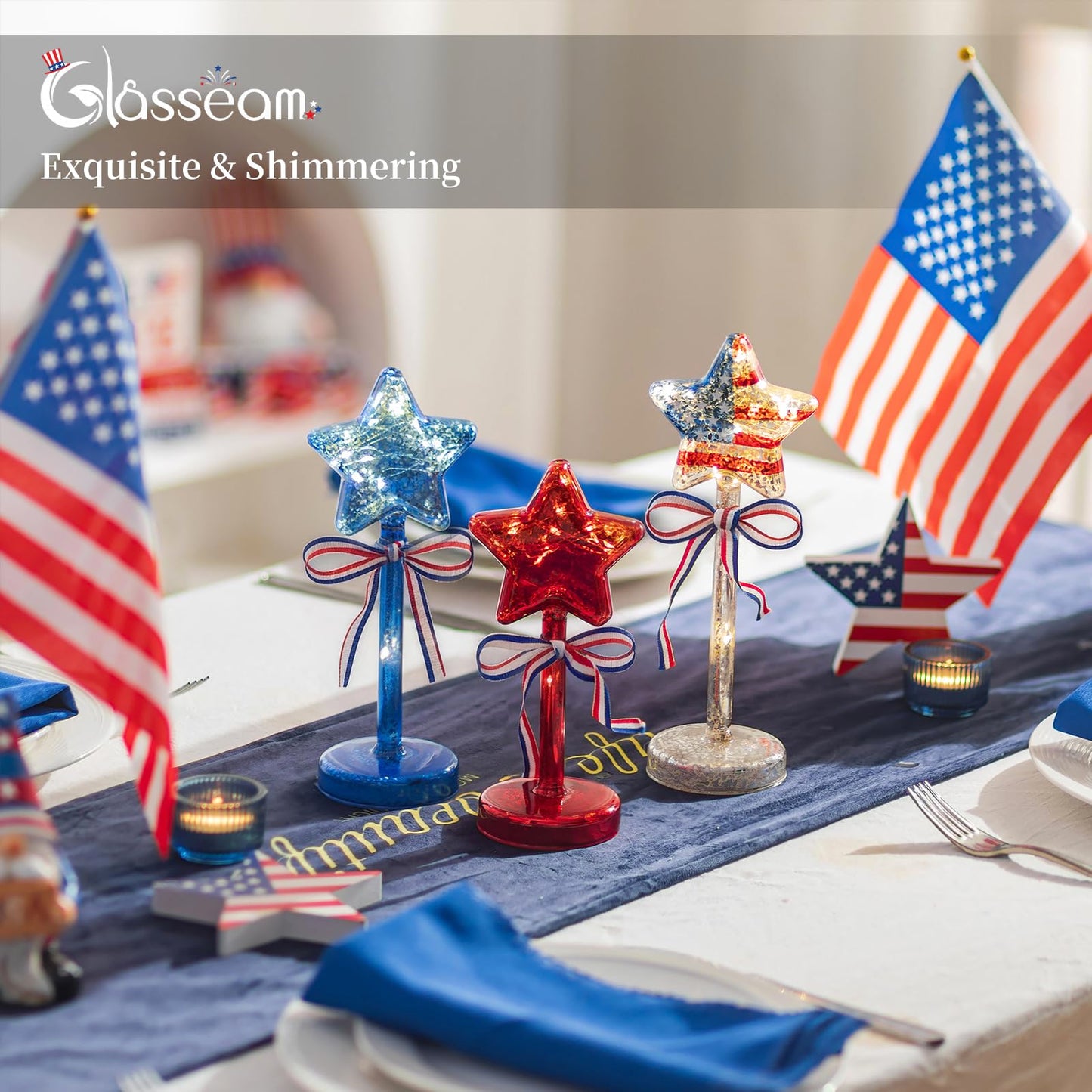 Glasseam 4th of July Decorations Centerpiece: 3PCS Memorial Day Decorations for Table Red White and Blue Lights with Timer Mercury Glass Patriotic American Flag Stars Lights for Home Party Ornaments