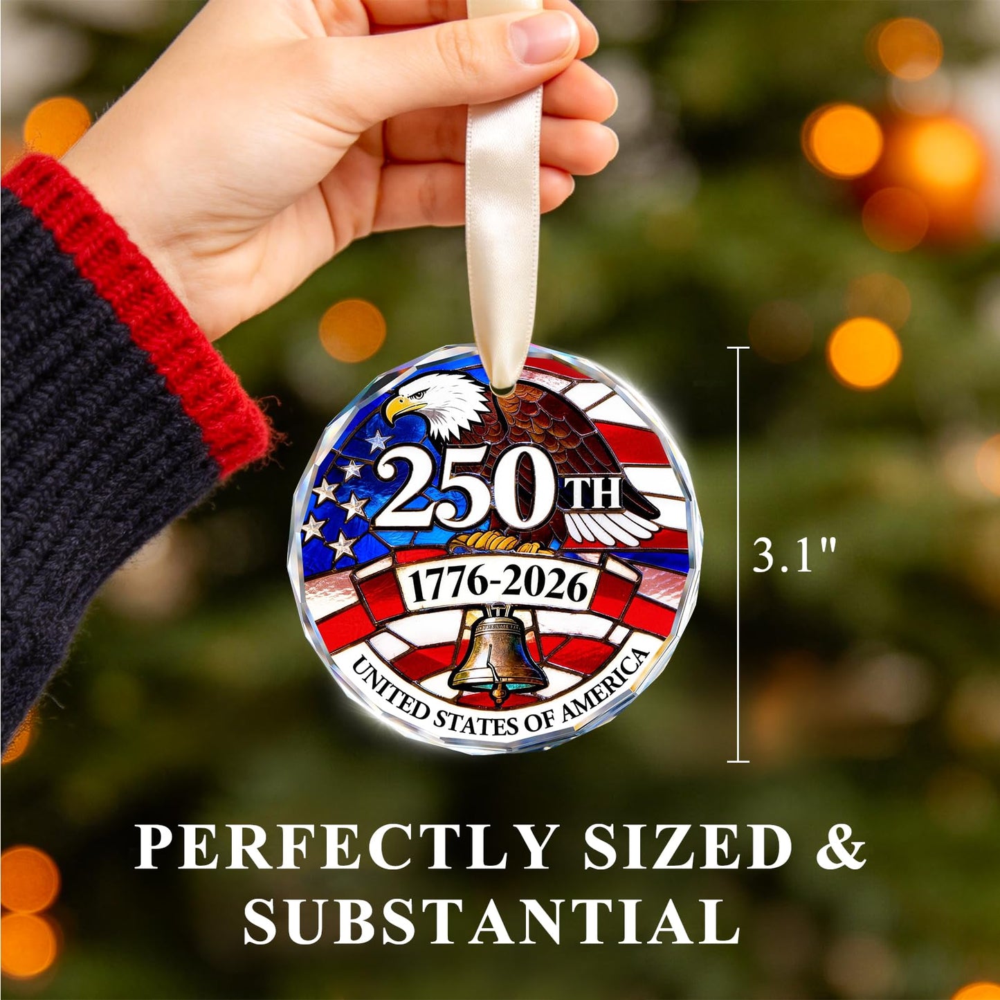 250 Anniversary USA Ornament for 4th of July Tree Decorations - Crystal Glass Patriotic Christmas Ornaments - 1776-2026 Bald Eagle Liberty Bell US Flag Keepsakee - Independence Day Souvenir Gifts