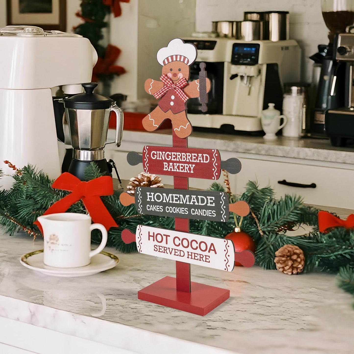 pechpell Wooden Gingerbread Bakery Sign, 15.7" Christmas Gingerbread Man Kitchen Tabletop Decorations, Indoor Holiday Wood Ginger Bread Stand Decorative Signage Table Centerpiece Decor for Home