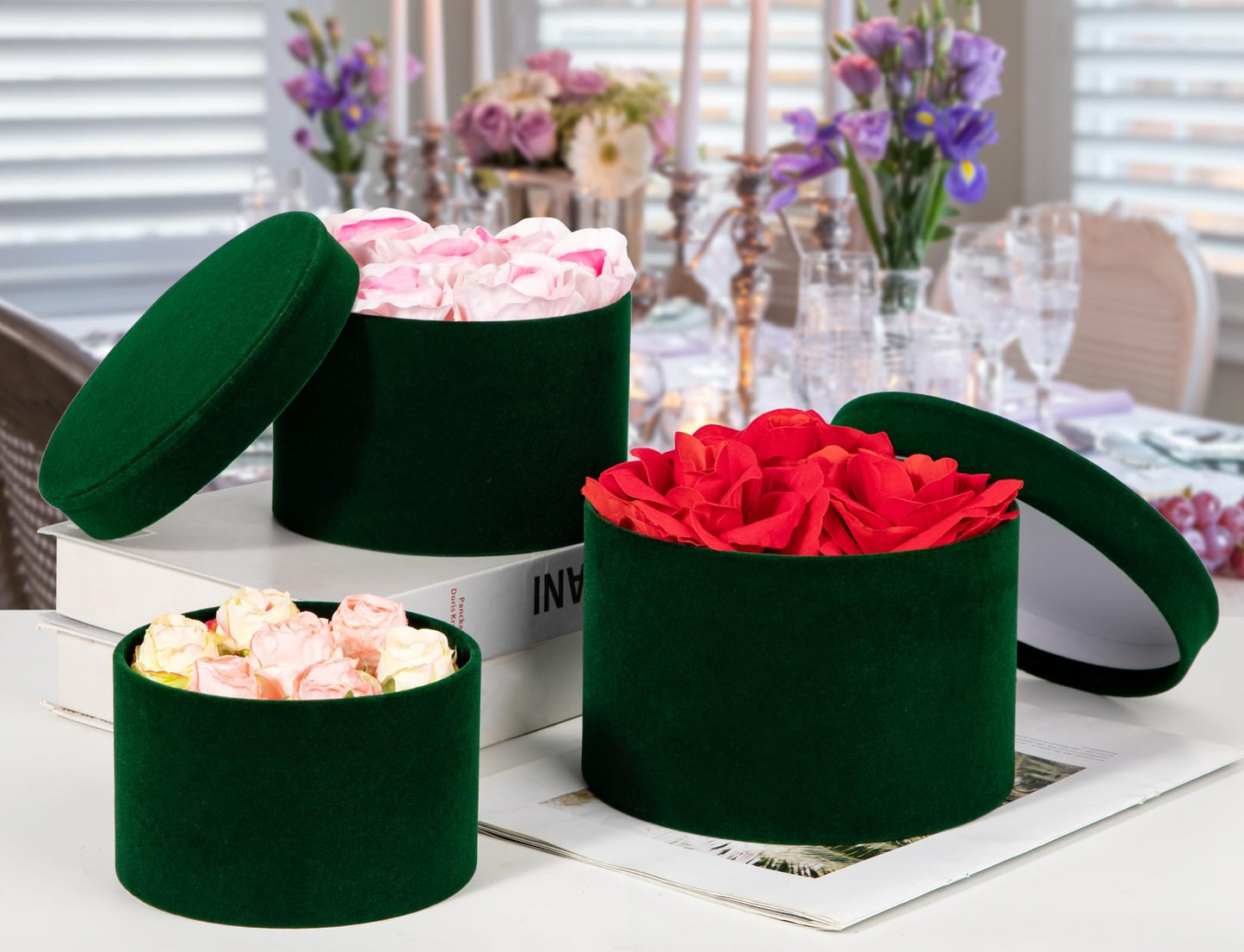 GnFlus Round Gift Boxes with Lids for Presents Set of 4 Green Velvet Nesting Gifts Box for Arrangements Flowers Wedding Birthday Valentines Bridesmaid Christmas Party Anniversary