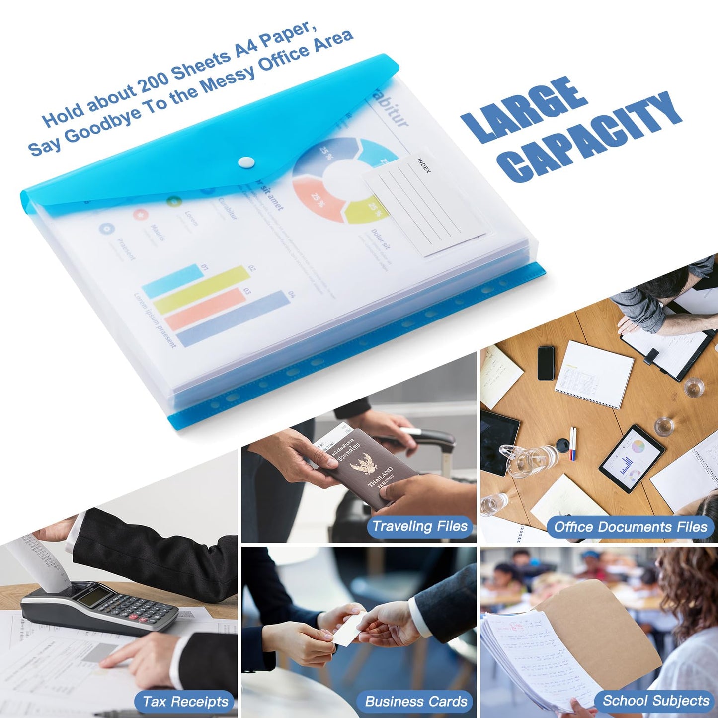Binder Pocket Organizer Folders, 12 Pack Expandable Files Bag Plastic Envelopes Binder Folders with 11 Holes for 2/3/4 Ring Binder, Document Pouch with Snap Button and Label for School Office Home