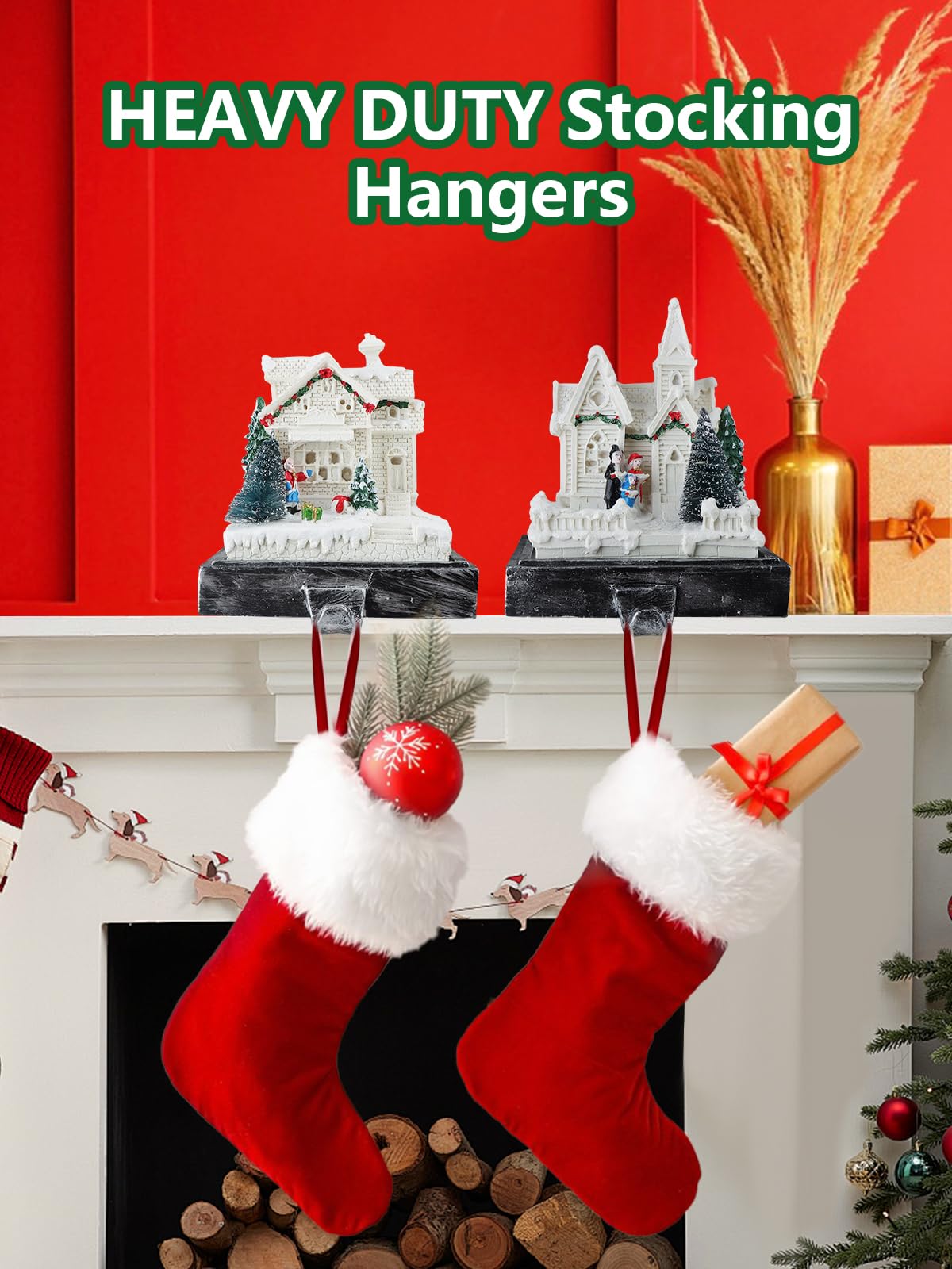 Kalolary Christmas Stocking Holders for Mantle,Set of 2 Christmas Village House Stocking Hangers with LED Lights Weighted Christmas Resin House Stocking Hooks for Fireplace Counter Window Party Decors