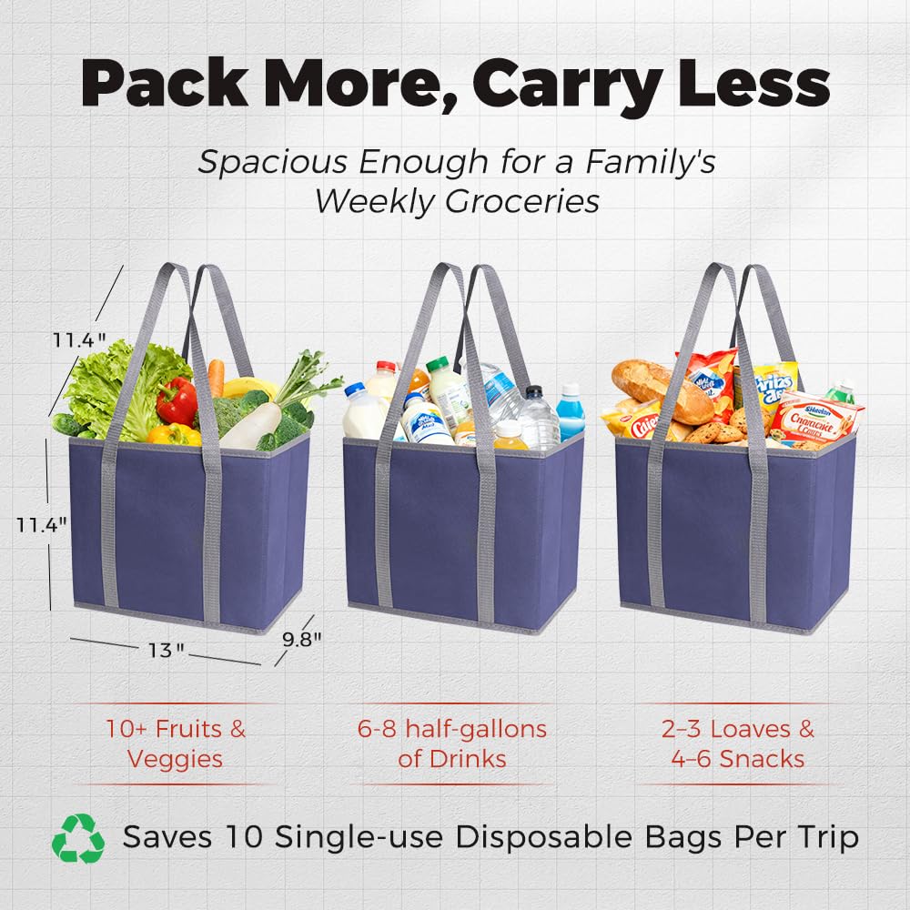 DOUKE Reusable Grocery Tote Bags, 3-Pack Heavy Duty Reusable Shopping Bags with Long Handles, Large Box Shape Tote Bags to Stand Up, Stay Open, Fold Flat (Navy Blue)