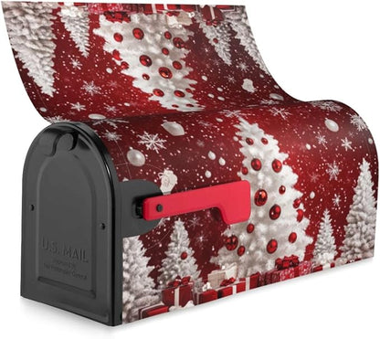 Festive Magnetic Mailbox Cover Red Christmas Tree Pattern Outdoor Mailbox Protector Holiday Seasonal Decorative Garden Yard Home Standard Size 21 x 18 Inch