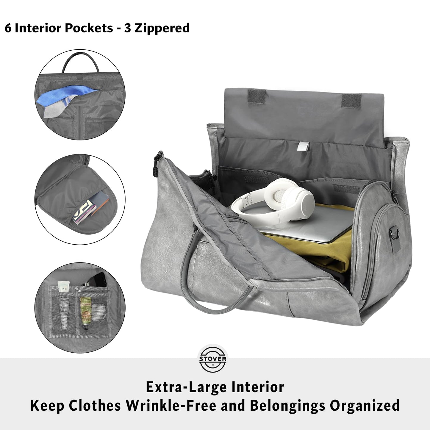 STOVER Garment Travel Duffle Bag, Large 2-in-1 Convertible Carry-on Luggage for Men & Women- Hanging Suits, Dresses & Clothes + Shoe Compartment- Weekender Tote Combo Duffel (Grey Leatherette)