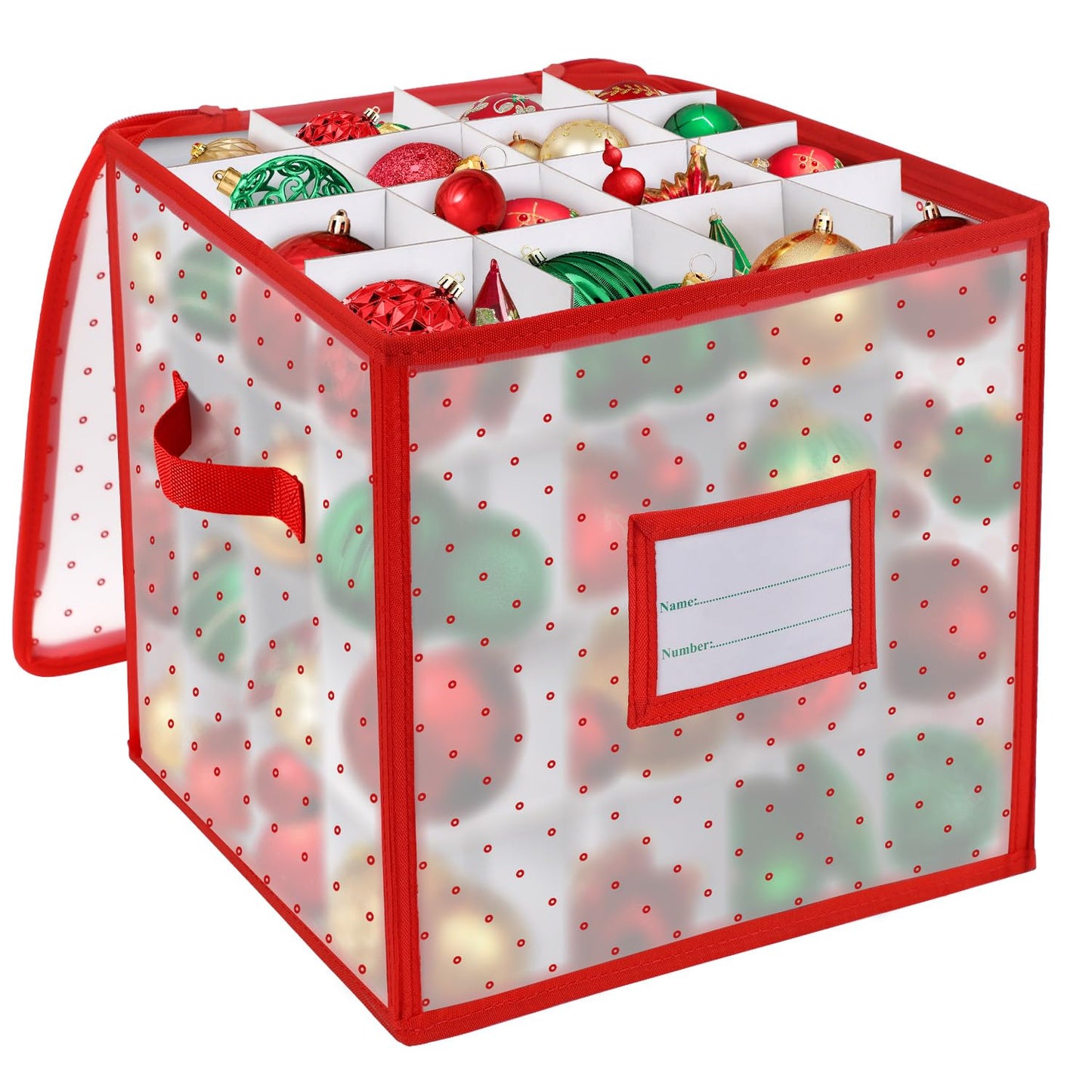 BINSUNS Christmas Ornament Storage Box, Christmas Storage Containers Organizer Bag with Dividers - Fits up to 64 Holiday Xmas Ornaments Decorations 3" Seasons Balls(Red)