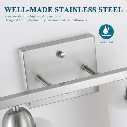 Stainless Steel Bathroom Vanity Light Over Mirror, 2 Light Brushed Nickel Bathroom Light Fixtures with Milk Glass and Clear Glass Shades, Modern Vanity Lighting Wall Mount