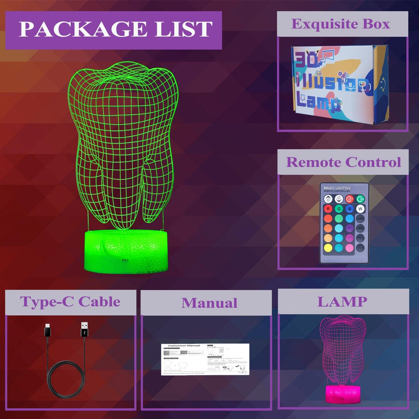 POSSHE Dental Gifts, 3D Tooth Night Light, 3D Illusion Lamp, 16 Colors Changing, Remote Control, Dimmable, Living Room Decoration, Xmas Tooth Model Gifts