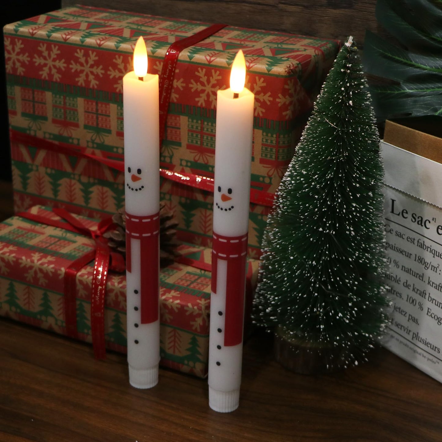Lasumora Christmas Flameless Taper Candles with Remote Timer, 2 Pcs Snowman with Scarf LED Candlesticks with 3D Flickering Flame for Home Décor Christmas Gifts
