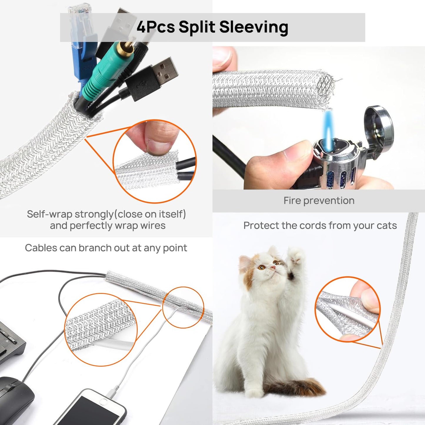 Ditar Cable Management Kit - 4 Cable Sleeve, 28 Self Adhesive Cable Clips, 29 Cord Holders, 10+2 Roll Cable Organizer Straps and 100 Fastening Cable Ties for TV Computer Under Desk (White)