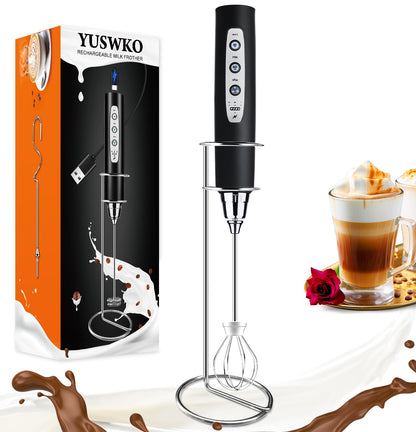 YUSWKO Black Handheld Milk Frother Wand with Stand for Coffee, Rechargeable Electric Whisk with 3 Heads 3 Speeds Drink Mixer Coffee Frother For Latte, Cappuccino, Hot Chocolate, Egg