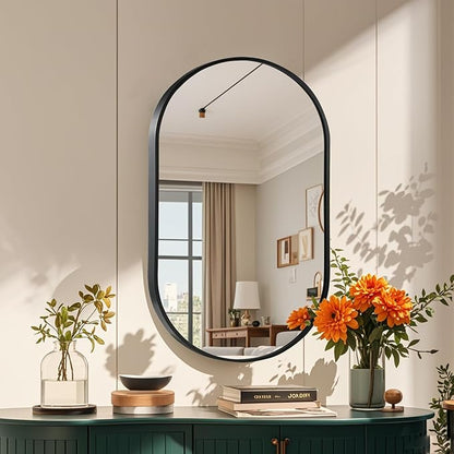 24x36 inch Oval Bathroom Mirror, Black Vanity Wall Mirror with Brushed Metal Frame, Oval Mirrors for Bathroom, Entryway, Over Sink, Living Room