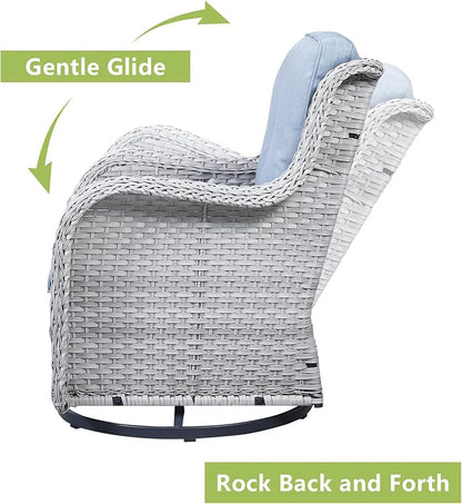 Rilyson Wicker Rocking Chair Swivel Chairs - 3 Piece Rocker Patio Furniture Set Rattan Rocking Bistro Sets with Glass Top Side Table for Outdoor Porch Deck Garden Backyard (Light Grey/Sky Blue)
