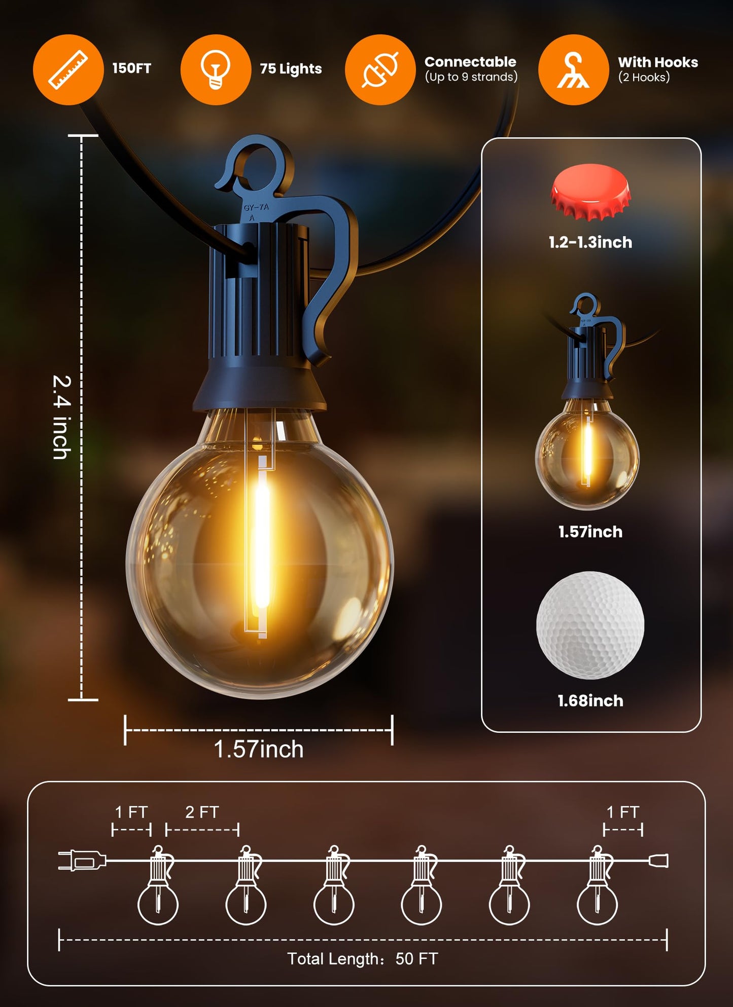 SmartDawn Outdoor String Lights, 159FT 77 LED Bulbs String Lights, IP65 Waterproof Connectable G40 Outside Patio Light for Backyard Porch Balcony Garden Decor Christmas Camping Gazebo