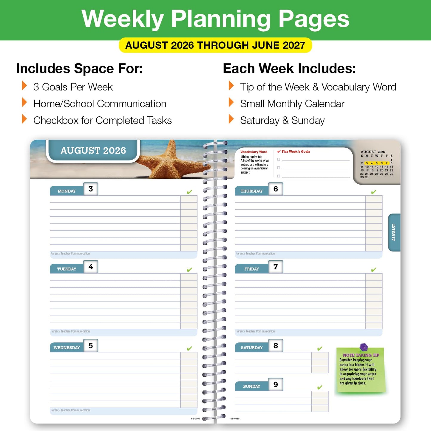 Global Datebooks 2026-2027 Middle & High School Student Planner 5.5" x 8.5" - Dated Weekly & Monthly Academic Planner with Ruler/Bookmark & Stickers, Ideal for Homework, Block Style, Blue Colors