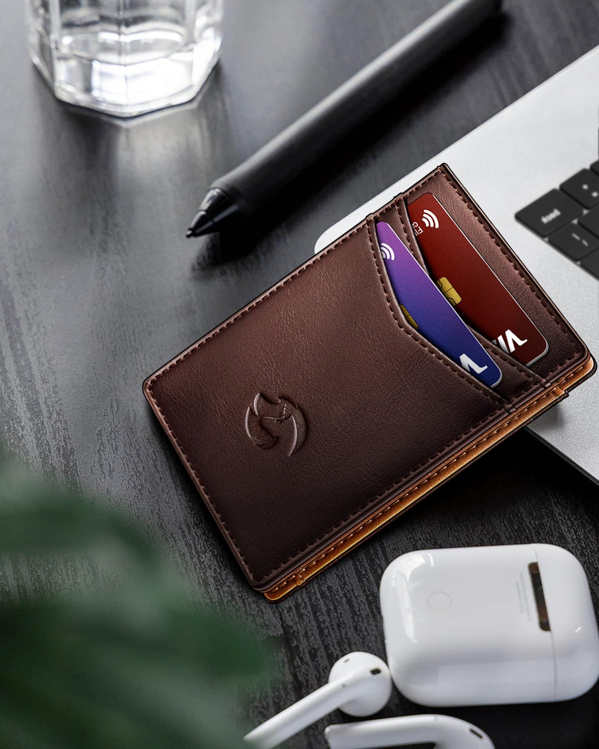 Housmai Magnetic Closure Slim Wallet for Men with Money Clip Gift Boxed,Genuine Leather Front Pocket Wallet, 3.9"x 2.7", RFID Blocking