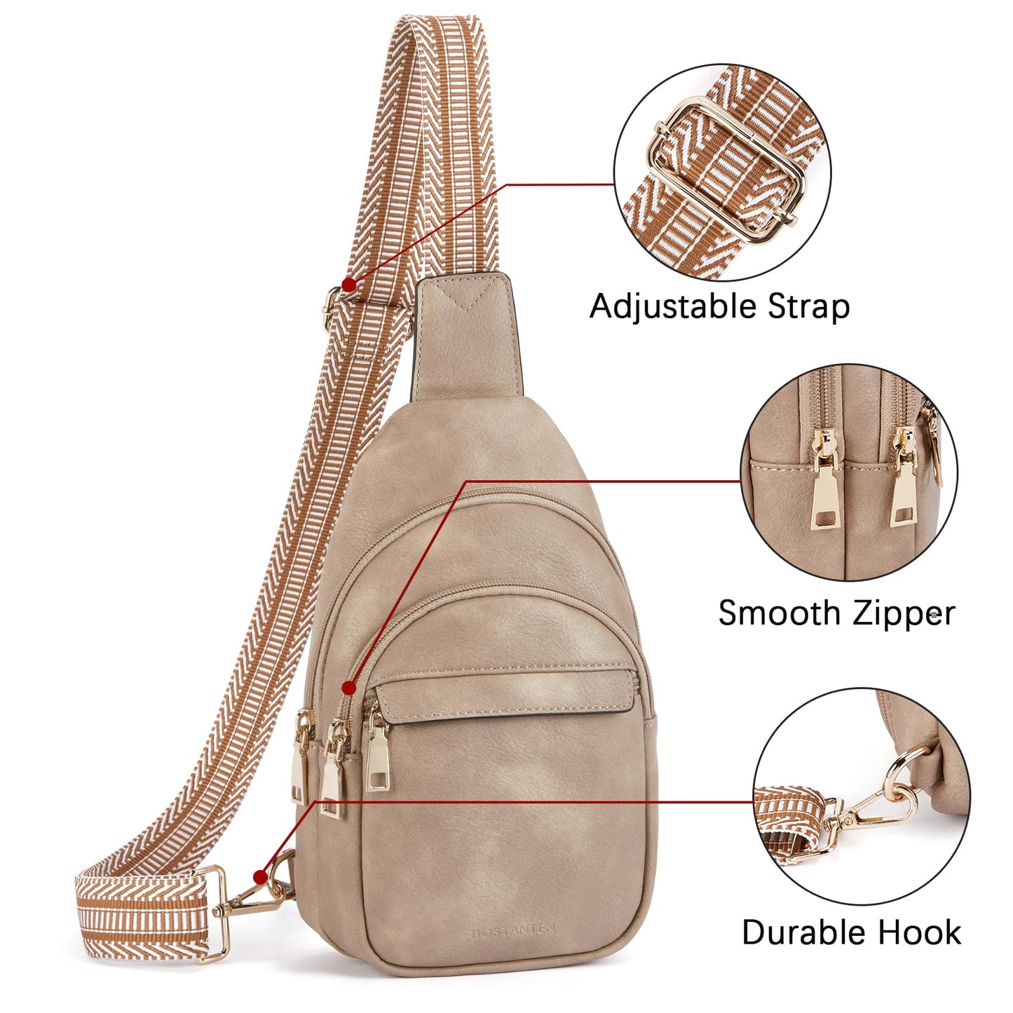 BOSTANTEN Small Sling Bag for Women Leather Crossbody Bags Fanny Pack Chest Bag for Travel, Light Brown