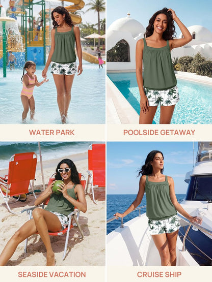 Summer Mae Blouson Womens Tankini Swimsuits 2026 Modest Tummy Control Bathing Suits Swim Shorts with Pockets for Beach Green Shadow Size 10