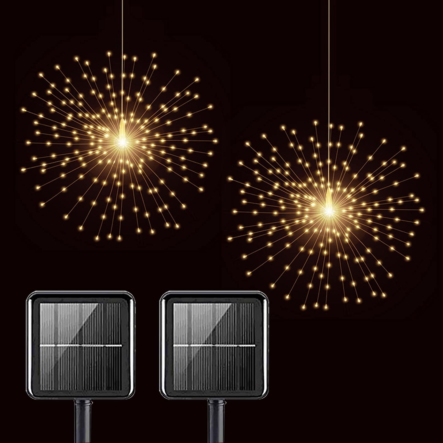 PXBNIUYA 2 Pack Solar Starburst Sphere Lights,200 LED Firework Light 8 Modes Dimmable Waterproof Hanging Fairy Light, Copper Wire Lights for Tents Patio Parties Christmas-NO Remote (Warm White)