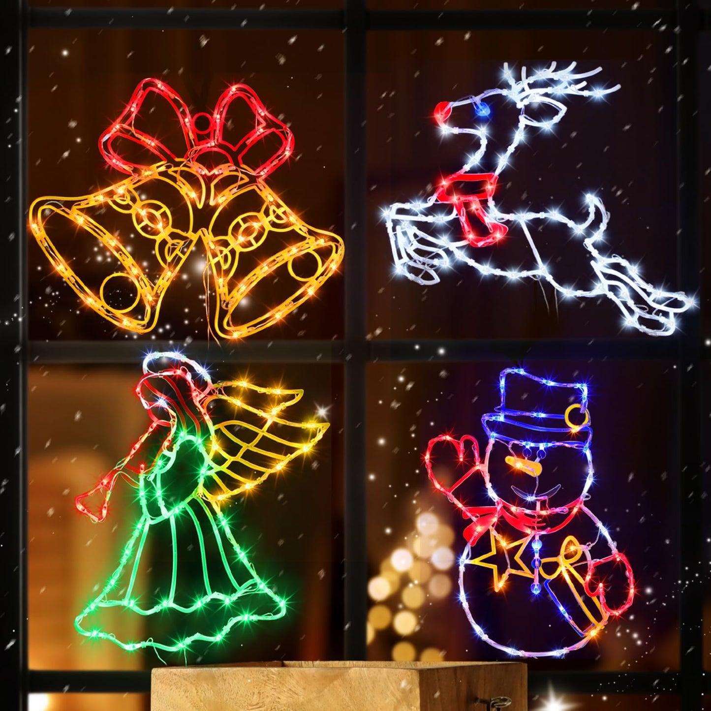 TRWYMZ Christmas Decorations - 16" Christmas Window Silhouette Lights - 4 Pack Colour Lighted Bell & Reindeer & Snowman & Angel for Holiday Indoor and Outdoor Wall Door Window Decorate