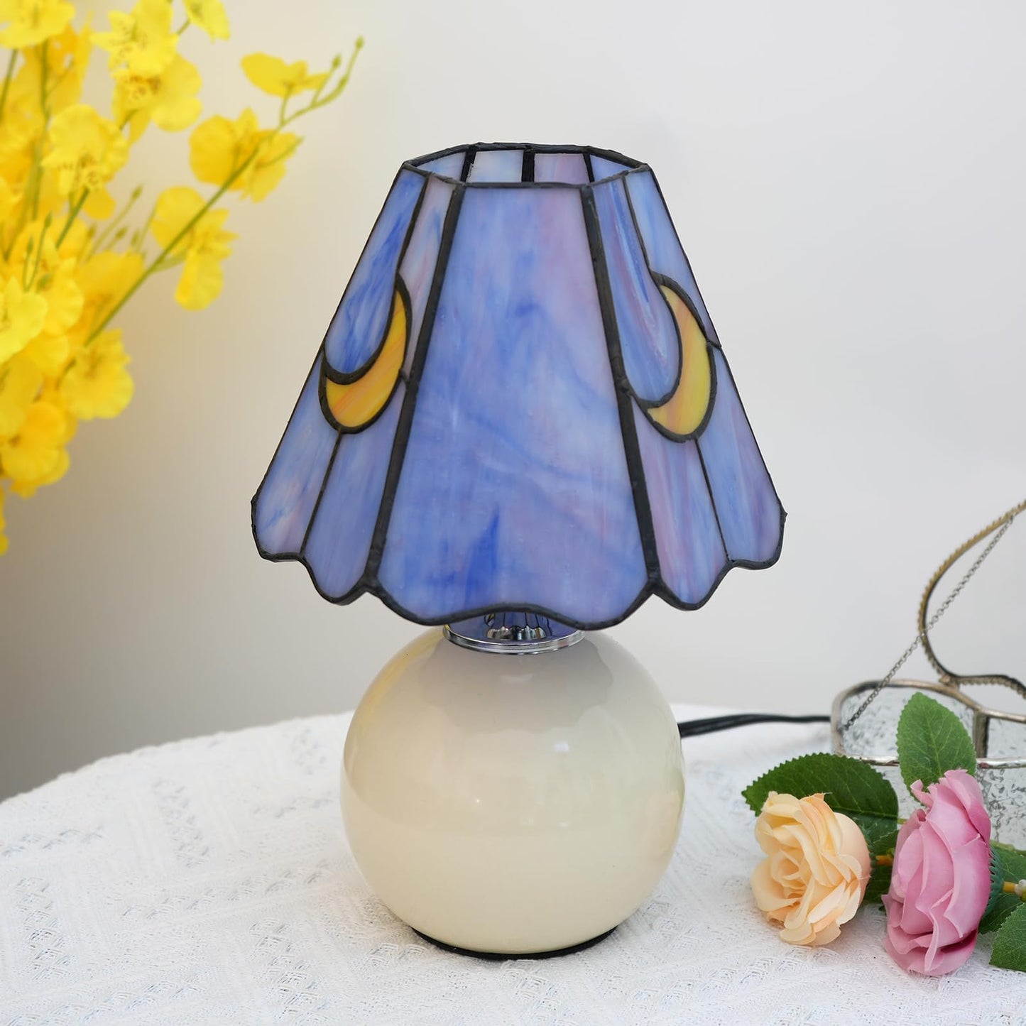 KIPHEPI Tiffany Style Bedside Table Lamp Stained Glass Moon Mushroom Lamp for Bedroom Small Nightstand Lamps for Home Decor Living Room Bedroom Study Nursery Dorm,Purple
