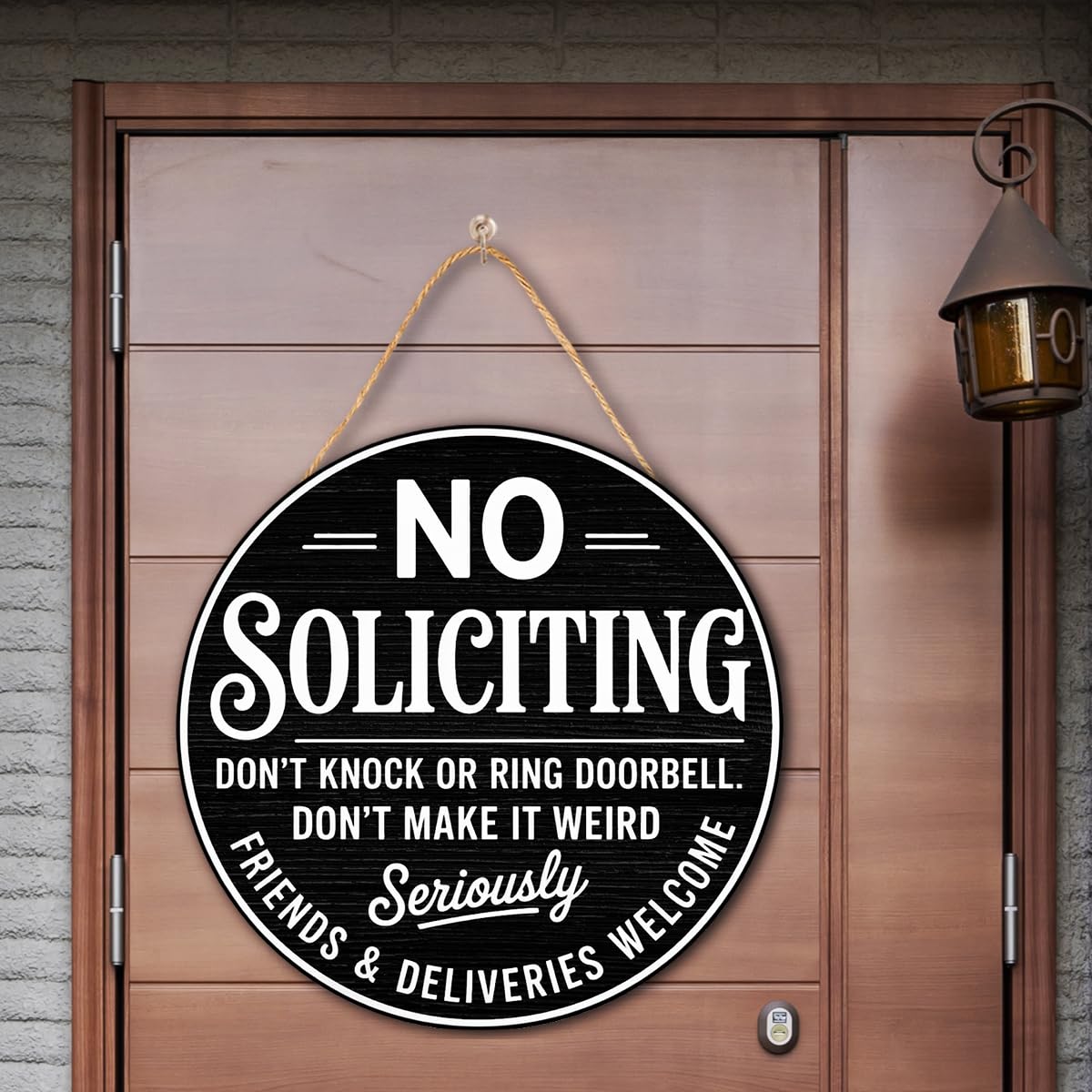 No Soliciting Wood Hanging Sign for House Front Door, Don't Knock or Ring Doorbell House Welcome Sign