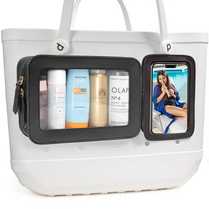LETGO Clear Insert Bag for Bogg Bag Accessories - 2 Packs Leather Zipper Insert Pouch for Bogg Tote Travel Makeup Clean Toiletry Handbag Organizer Cosmetic Divider Storage Inner Pouch (Black)