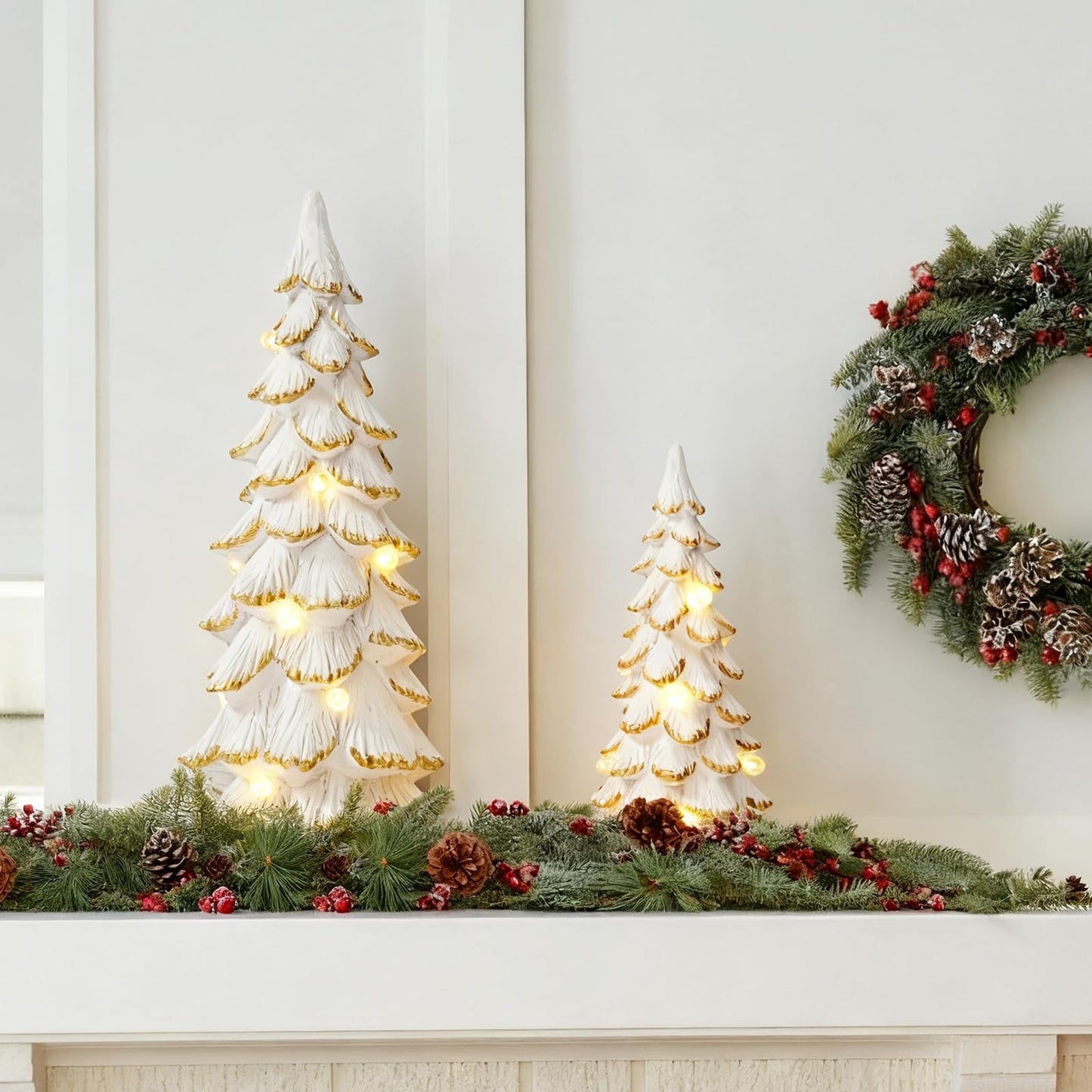 WDS WONDROUS Christmas Tree Figurine Light Up Green, 2Pcs Christmas Trees with Lights, Xmas Tree Figurines for Tabletop Mantel Shelf Fireplace Holiday Decorations for Home and Gift