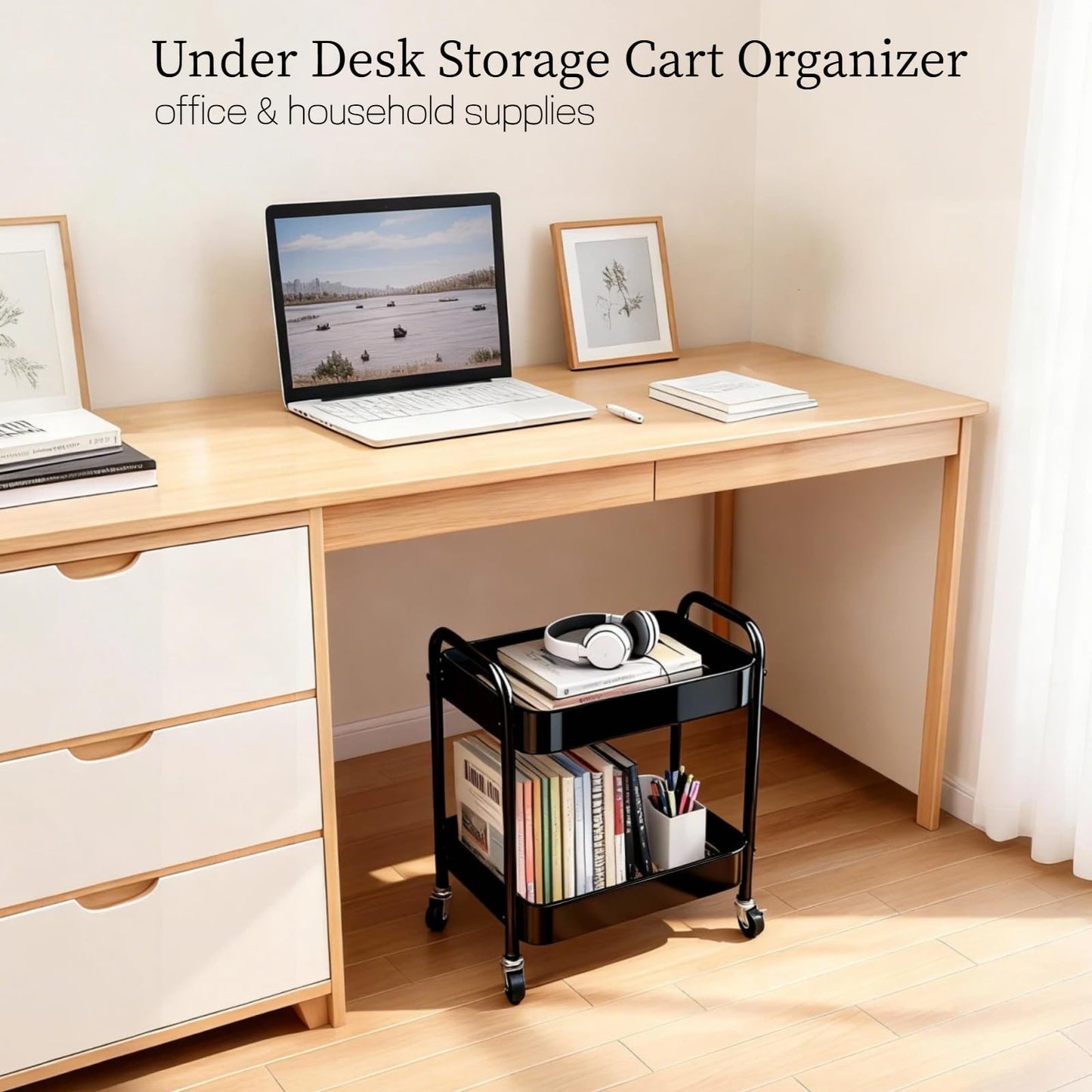 Ufriandz 2 Tier Metal Rolling Utility Cart with Wheels Under Desk Storage Cart with Handle, Roll Around Organizer Trolley for Small Space Pantry Bathroom Home Kitchen Office Snack Baby Supplies, Black