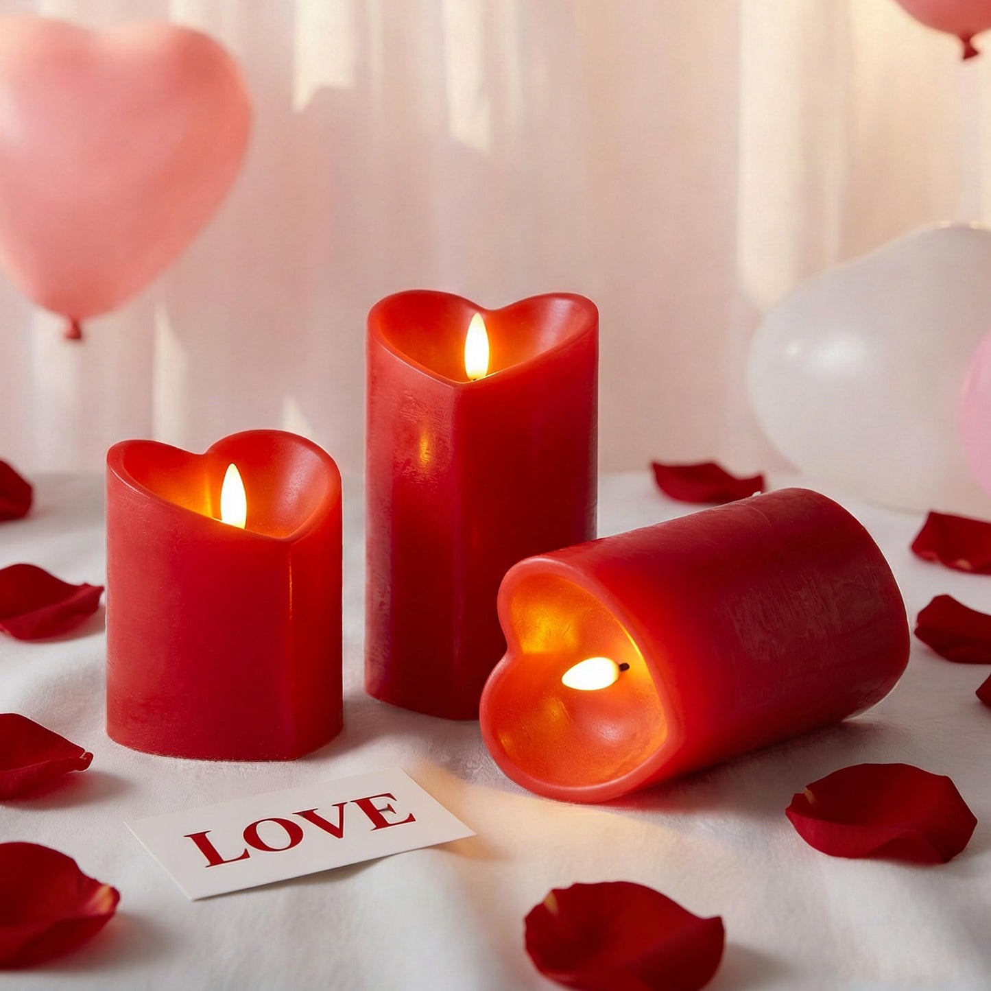 AFINETH Valentines Day Flameless Candles with Remote, Heart Shaped Candles Battery Operated 3 Pack Red LED Pillar Candles for Wedding Proposal Anniversary Romantic Night