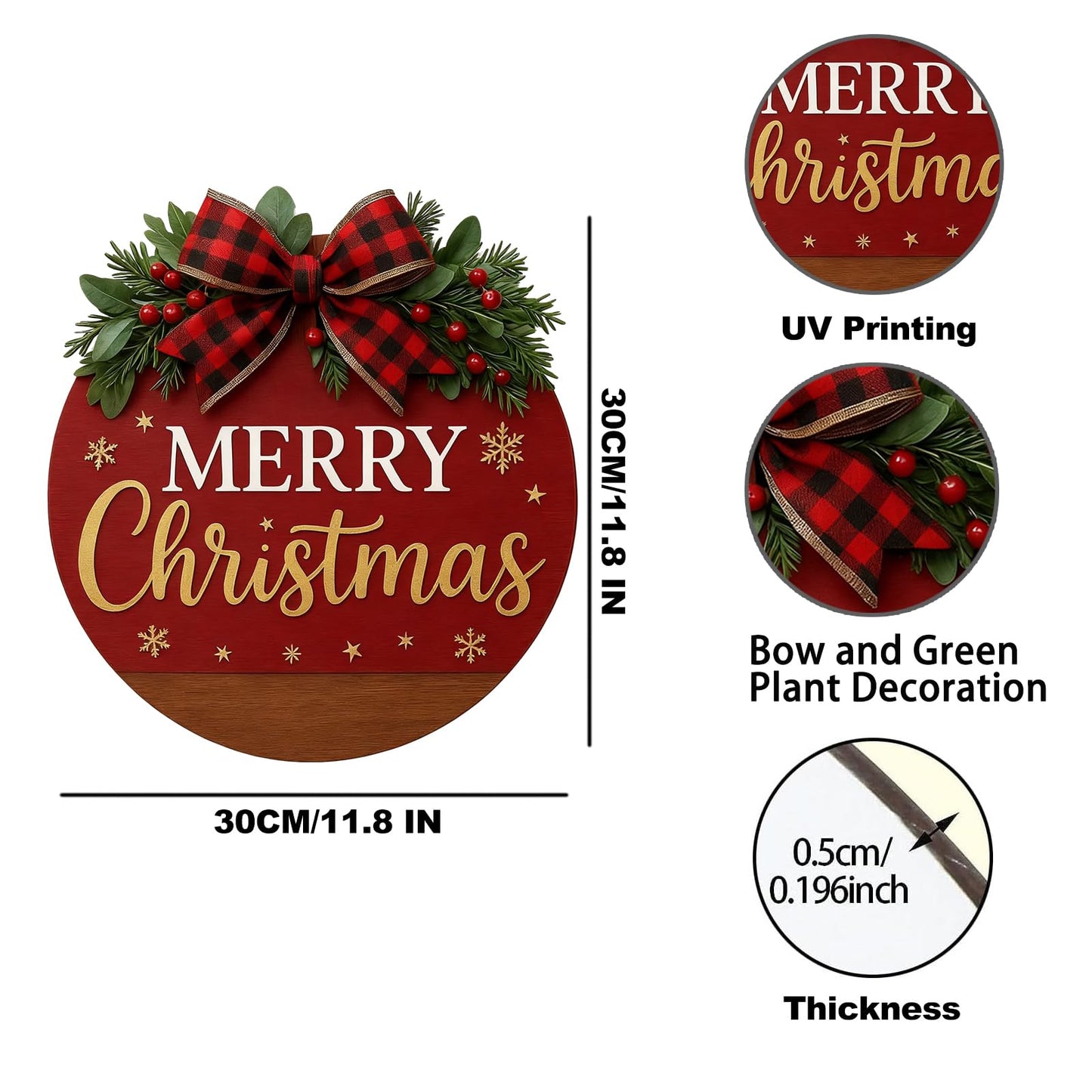 Merry Christmas Wreaths for Front Door - Welcome Door Hanger Sign with Bow, Greenery & Red Berries, for Holiday Rustic Farmhouse Outdoor Wall Windows Decor (Merry Christmas Wreaths)