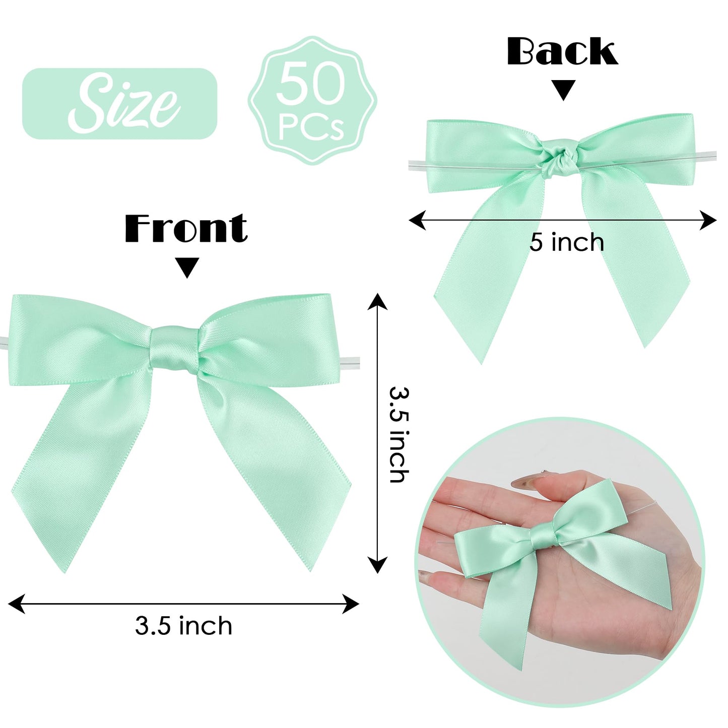 AIMUDI Twist Tie Bows for Treat Bags 3.5" Aqua Blue Satin Ribbon Bows for Crafts Premade Bows with Twist Ties for Crafts Cake Pop Candy Apple Small Bows for Gift Wrapping Wedding Decor, 50 PCs