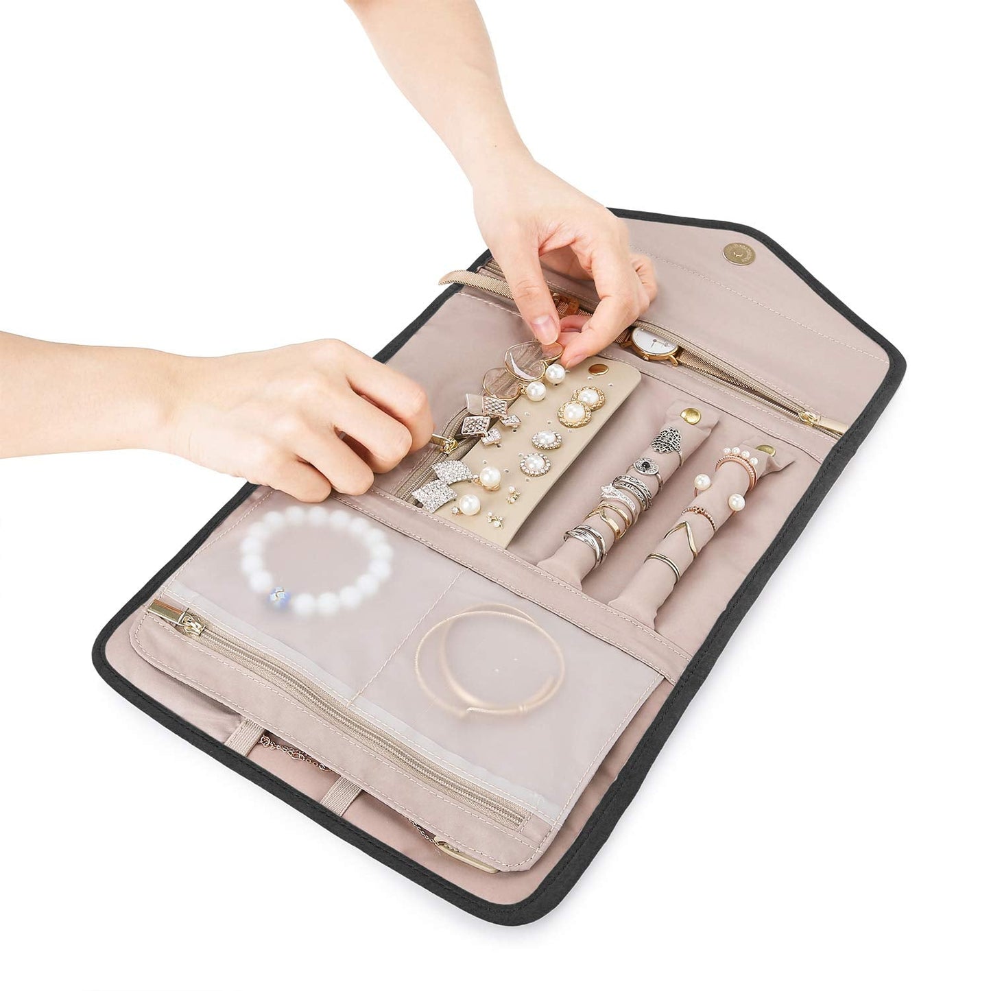 BAGSMART Travel Jewelry Organizer Roll Foldable Jewelry Case for Journey-Rings, Necklaces, Bracelets, Earrings, Black