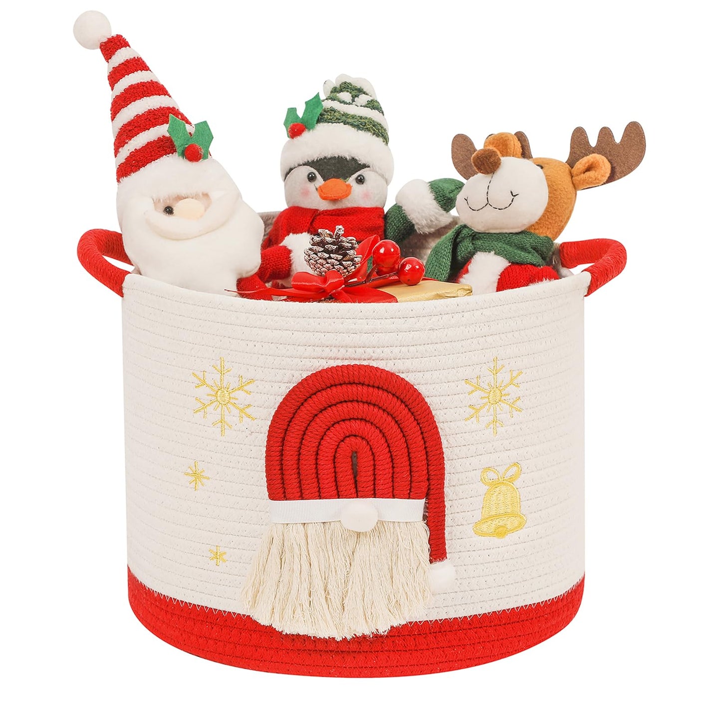 Christmas Basket Cotton Rope Blanket Storage Basket Large Christmas Buckets with Red Handle, Laundry Baskets with 3D Santa Claus Raffle Basket Holiday Baskets Empty for Gifts Decorative Winter Baskets
