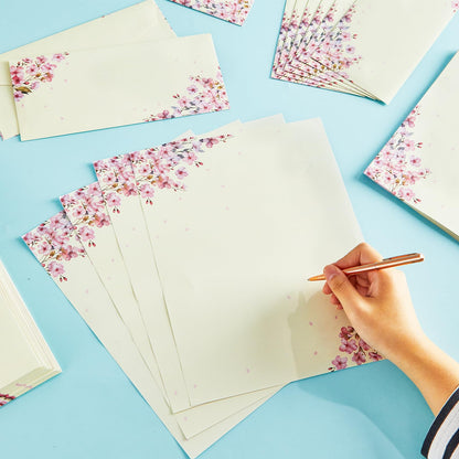 50Pcs Cherry Blossoms Letterhead with Envelopes Floral Cherry Blossoms Computer Paper Pink Floral Stationery Paper for Note Letters to Wedding Invitations Office School Printing Supplies 8.5 x 11 Inch